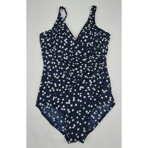 Miraclesuit Oceanus Navy Blue Polka Dot One Piece Swimsuit Tummy Control Size 12